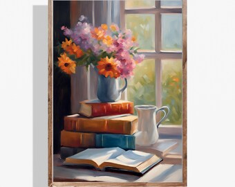 Vintage Library Poster: Cozy Books & Flowers Art (Digital Download)