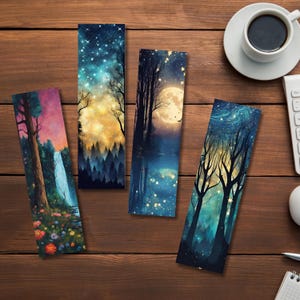 May include: Set of four bookmarks featuring a forest scene with a moon and stars. The bookmarks are printed on a thick, durable paper and have a matte finish.