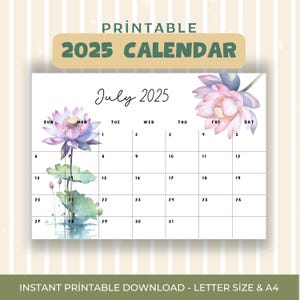 2025 Floral Calendar Printable Monthly Planner Landscape Sunday Start, A4 and US Letter Sizes