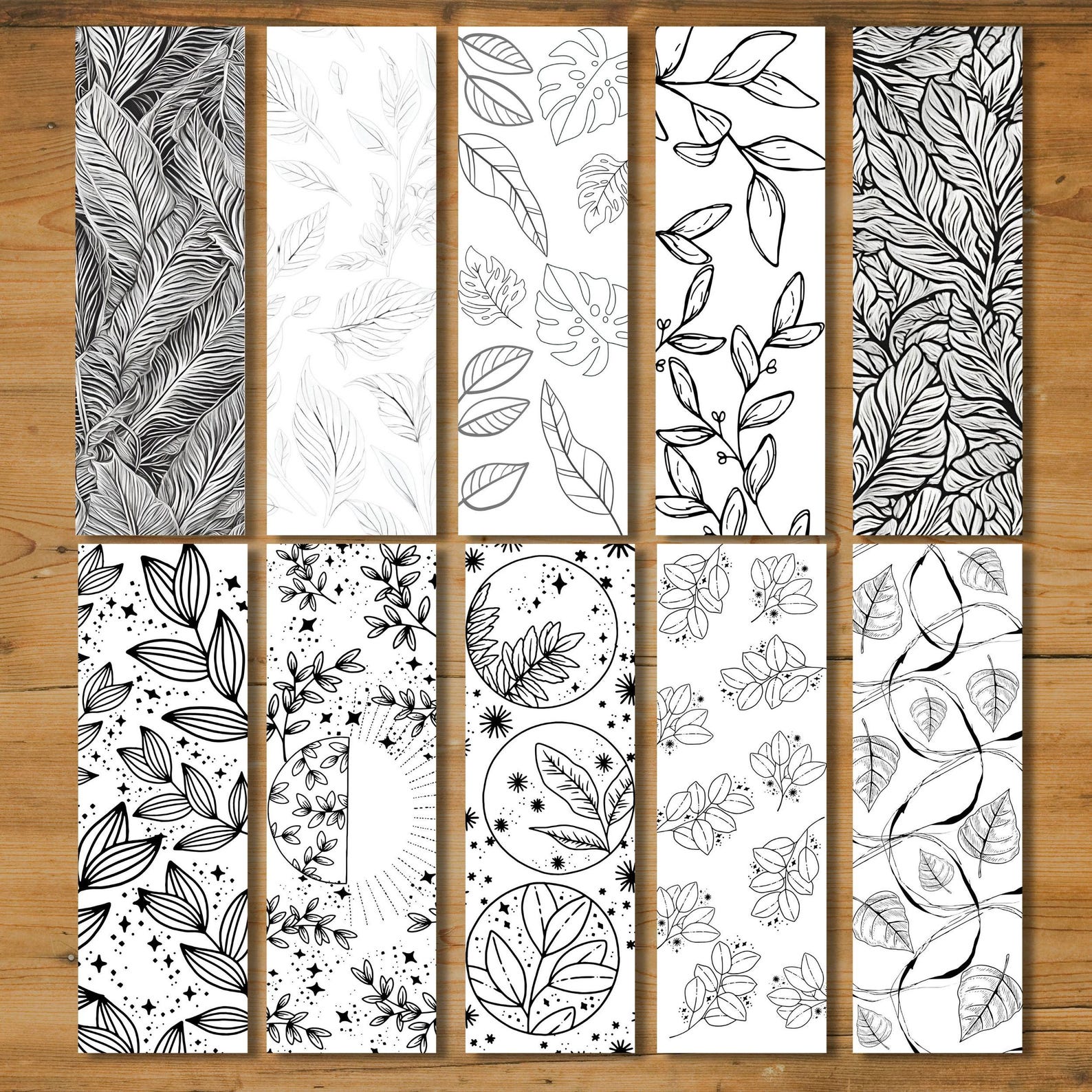 Botanical Coloring Bookmarks Print, Set of 10 Printable Bookmarks