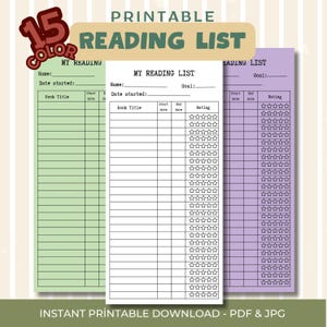 Pode incluir: Lista de leitura imprimível com três fundos de cores diferentes: verde, branco e roxo. Cada lista tem colunas para o título do livro, a data de início, a data de término e a classificação. A coluna de classificação tem cinco estrelas para cada livro.