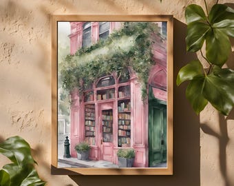 Pink Bookshop Print, Printable Cozy Bookstore Art, Gift for Bookclub, Pink Coquette Decor