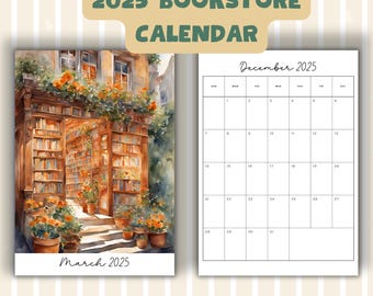 Watercolor Bookstore Print 2025 Wall Calendar, Bookshop Monthly Planner, US Letter and A4 Sizes, Book Lover Gift