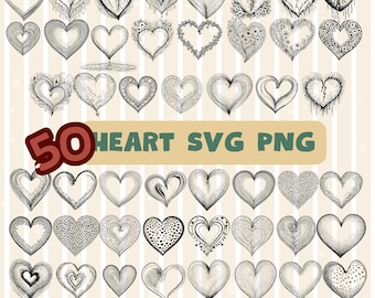 Heart SVG Bundle, Doodle svg, 50 Hand Drawn Heart png, Unique Heart Designs for Crafting, Scrapbooking & DIY Projects