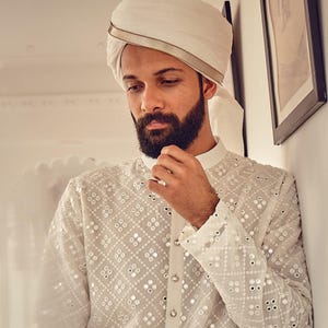 PURVAZ costom fit  georgette mirror  embroidery mens kurta pyjama set for men
