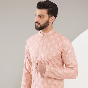 PURVAZ Ensemble de pyjama kurta brodé en georgette pure Viscos à la main pour hommes Ensemble de pyjama kurta indien pour hommes vêtements de mariage indiens