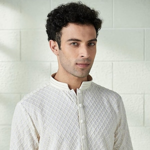 PURVAZ Ensemble de pyjama kurta à broderie georgette et viscoélastique pour hommes Ensemble de pyjama kurta indien pour hommes, vêtements de mariage indiens