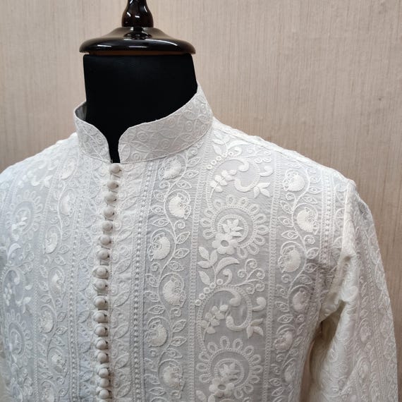PURVAZ Custom fit Mens  raw silk chikankari  embroidery wedding wear kurta pajama set