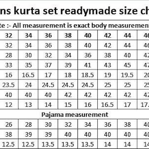 May include: A men's kurta set size chart, with measurements in inches. The chart provides chest, stomach, hip, shoulder, sleeve length, kurta length, neck, pajama waist, pajama length, and ankle measurements, with sizes from 30 to 52.
