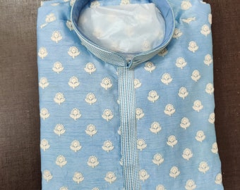Set pigiama kurta da uomo di colore blu pastello fatto a mano