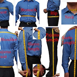 May include: Images demonstrating how to measure for clothing. Measurements include chest, stomach, hip, neck, shoulder, sleeve length, pajama length, pajama waist, and kurta length. A yellow measuring tape is used to take the measurements.