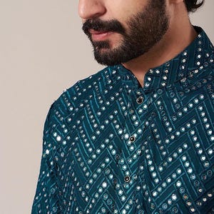 PURVAZ costom fit  georgette mirror  embroidery mens kurta pyjama set for men