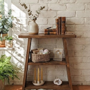 Handmade Rustic Solid Wood Hallway Console Table – Angled Book Shelf made from Recycled Reclaimed Timber Farmhouse Decor Style Narrow Entry