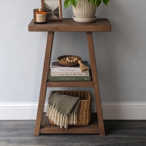 Handmade Rustic Solid Wood Hallway Console Table – Angled Book Shelf made from Recycled Reclaimed Timber Farmhouse Decor Style Narrow Entry