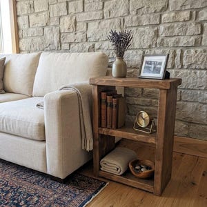 Handmade Rustic Solid Wood Sofa Side End Table with Shelf - Reclaimed - Recycled Timber - Farmhouse Decor Style