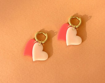 Boucles d'Oreilles mini Créoles avec pendentifs COEUR couleurs Rouge Corail et Rose pale