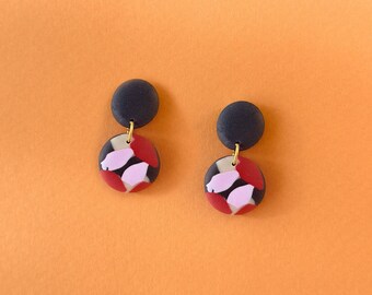 Boucles d'Oreilles BLUEY à motif - Boucles d'Oreilles Bleu Marine, Lila et Fuchsia - Boucles d'Oreilles Rondes