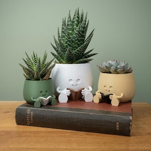 Puede incluir: Tres macetas decorativas para suculentas con caras sonrientes y brazos que sostienen libros. Las macetas son verdes, blancas y amarillas. Las macetas están sobre un libro antiguo.