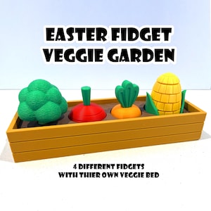 May include: A yellow rectangular veggie garden containing four fidget toys: a green broccoli, a red radish, an orange carrot, and a yellow corn. The text "EASTER FIDGET VEGGIE GARDEN" is at the top, and "4 DIFFERENT FIDGETS WITH THEIR OWN VEGGIE BED" is at the bottom.