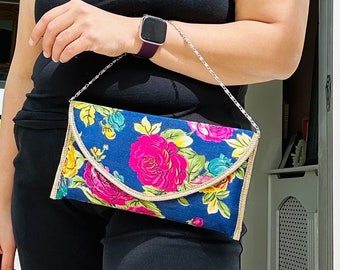 Blumen-Clutch-Tasche, blaue Blumen-Handtasche, Boho-Western-Handtasche, Sommer-Clutch, Hochzeitshandtaschen, Geschenk für Sie