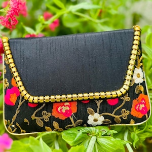 Bolso de mano con bordado floral, bolso de mano negro con flores, bolso bohemio estilo occidental, bolso de mano de verano, bolsos de boda, regalo para ella