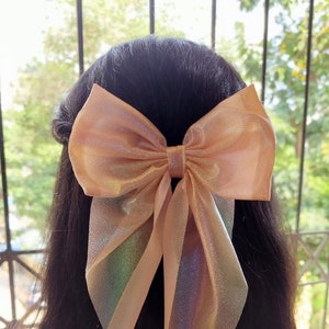 Oversize Hair Bow Clip: Iridescent Pastel Rainbow Parisian Barrette