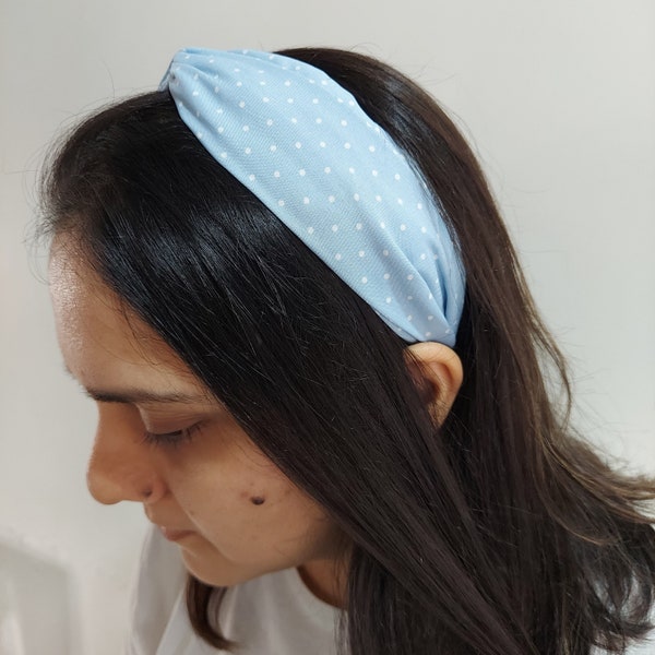 Blue Polka Dots Twist Knot Retro Hairband, Headbands for Women, Knotted Wide Hair Band, Gift for Her, Hair Accessories