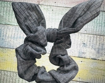 Grey Bunny Ears Bow Scrunchie Easter, Ribbed Scrunchie, Gift for Her, Easter Basket Fillers