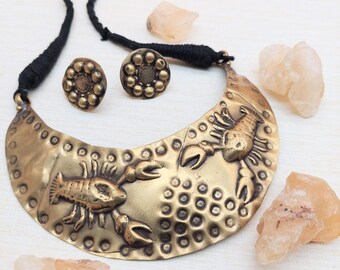 Brass Tribal Statement Necklace, Earrings Set, Beachwear Jewelry, Beach Necklace