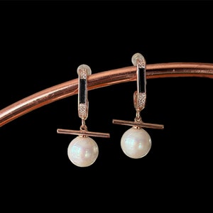 Pearl Dangle Earring Gold and Black, Minimalist Jewellery Eco Friendly Stainless Steel zdjęcie 6
