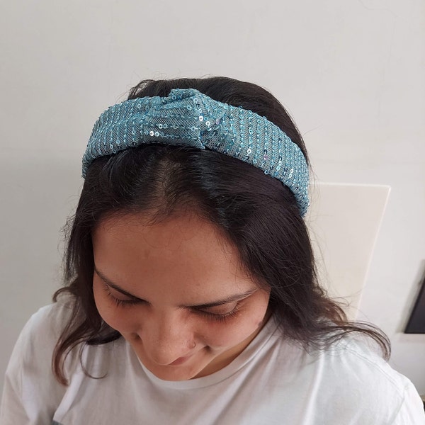 Sequins Hairband Blue Twist Knot, Headbands for Women, Knotted Wide Hair Band, Gift for Her, Hair Accessories, Bridesmaid Headpiece