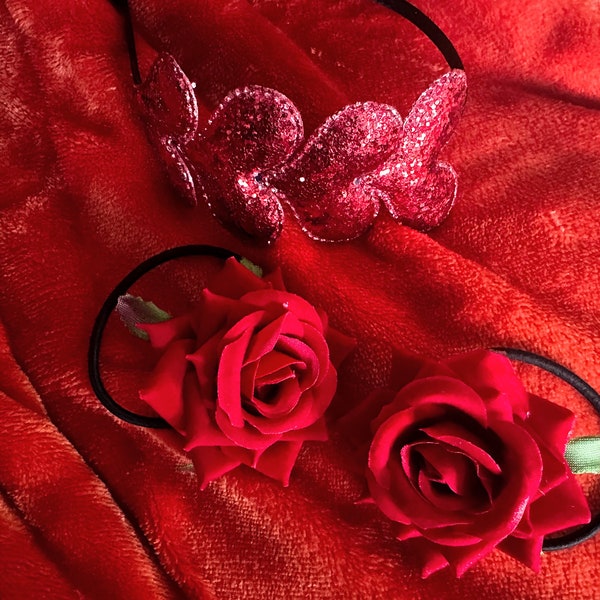 Coiffes fleuries, noeud rose, serre-tête coeurs, cadeau Saint Valentin pour elle, coffret cadeau d'accessoires pour cheveux, élastique pour cheveux fleur