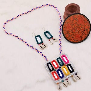 Statement Necklace and Earrings Set Boho Embroidered Jewellery Mirrored Bohemian, Indian Embellished Necklace, Navratri Jewelry Statememt
