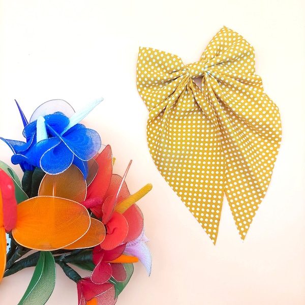Oversize Mustard Yellow Polka Dot Hair Bow Clip