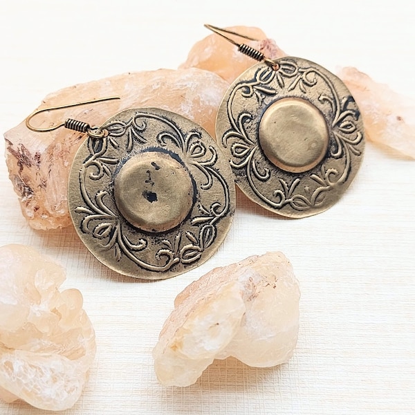 Bronze Disc Earrings Large, Boho Earrings, Gypsy Earrings, Tribal Earrings, Statement Earrings, Hand Engraved Earrings, Floral Earrings
