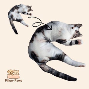May include: A cat-shaped cushion with a realistic print of a tabby cat in a playful pose. The cushion is white with grey markings and is designed to look like a cat mid-air, with its body arched and paws extended. The Pillow Paws logo is visible.