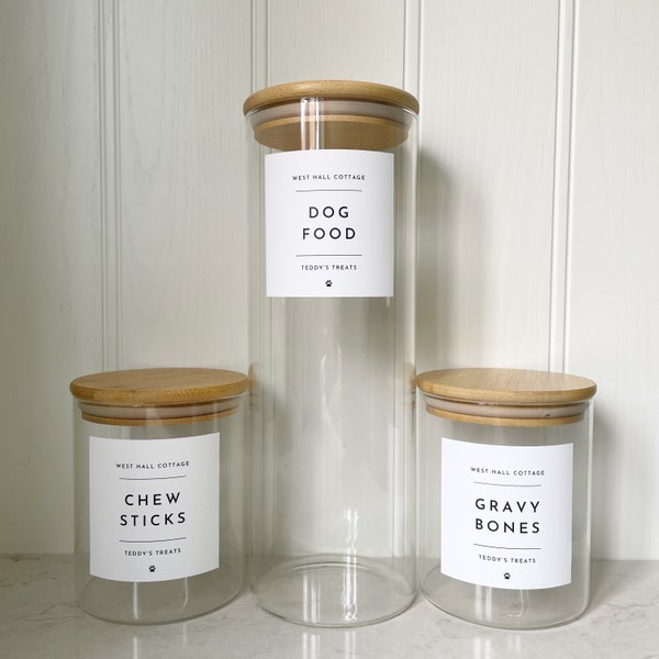 75mm x 75mm Personalised Pet Storage Organisation Labels . Waterproof Storage Jar Labels . White Minimalist Custom Labels . Free UK Delivery