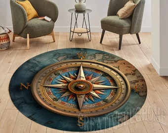 Round Compass Area Rug, Nautical Decor, World Map Design