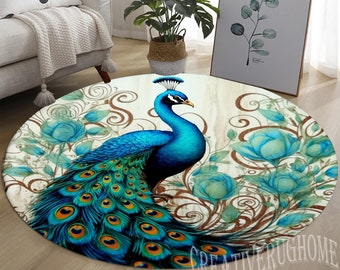 Peacock Feather Round Rug, Animal Decor, Living Room Carpet