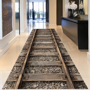 May include: A rectangular rug with a railway track design. The rug features parallel wooden beams with metal fasteners, filled with grey gravel. The rug is placed on a shiny, light-coloured floor in a hallway.