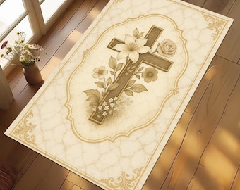 Personalized Christian Prayer Rug, Floral Cross, Catholic Meditation Mat
