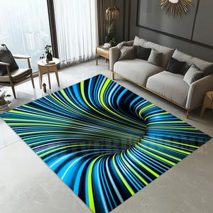 May include: A rectangular area rug featuring a three-dimensional optical illusion design with radiating lines in vibrant shades of electric blue, deep black, and neon yellow, creating a visual effect of a deep tunnel or vortex on the floor surface.