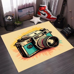 Camera, Camera Patterned Rug, Photographer Rug, Lens Rug, Abstract Rug, Art Rug, Modern Area Rug, Rug Decoration, Non Slip Rug, Design Rug