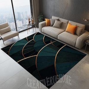 Alfombra geométrica Art Déco: Alfombra abstracta azul y dorada, decoración moderna de lujo.