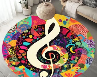 Round Music Note Rug, Colorful Music Room Decor
