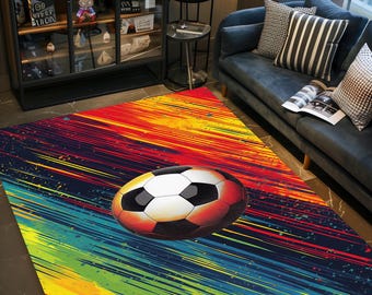 Colorful Soccer Rug, Football Field Design, Non-Slip Cotton Base