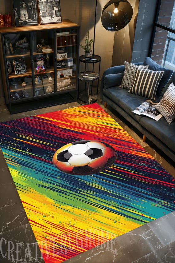 Colorful Soccer Rug, Football Field Design, Non-Slip Cotton Base