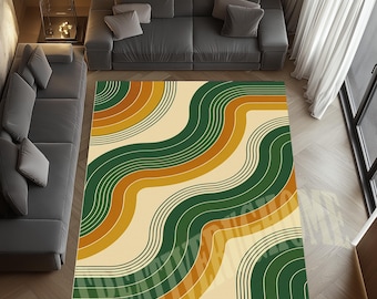 May include: A rectangular rug with a retro design. The rug has a cream background with wavy stripes in green, orange, and yellow. The design evokes a 1970s aesthetic, adding a vintage charm to any room. The rug is suitable for a living room or bedroom.