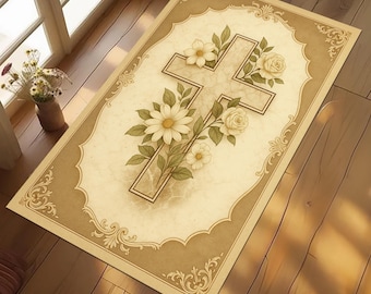 Personalized Christian Prayer Rug, Floral Cross Design