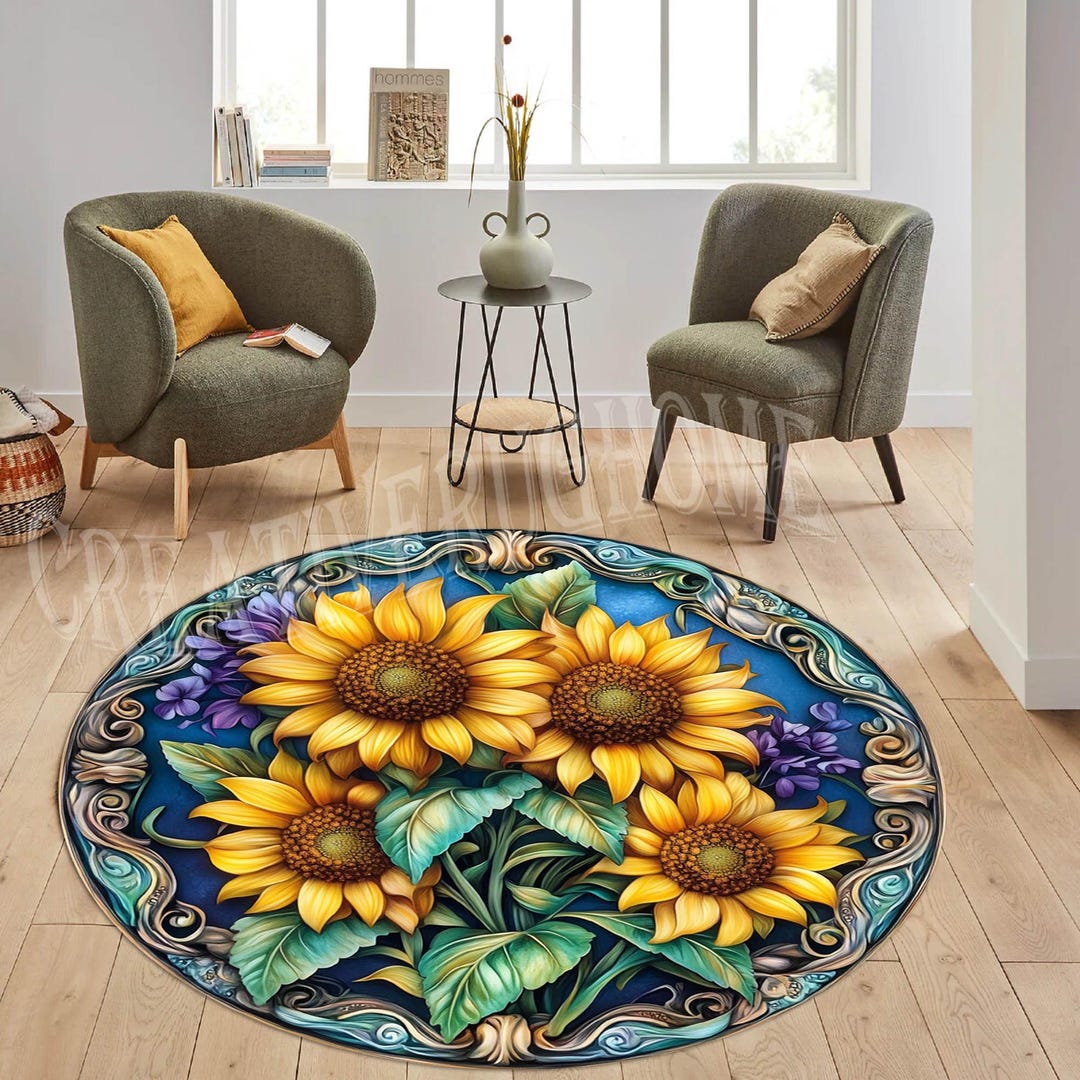 Sunflower Round Rug, Floral Decor, Butterfly Accent - Etsy